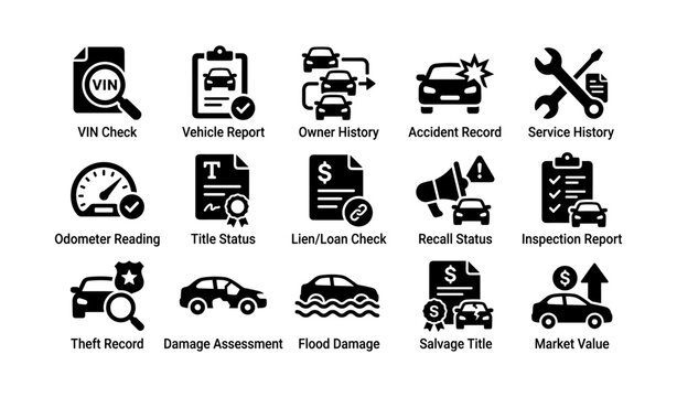 Vehicle history icons set: vin, accident, service, inspection, market evaluation