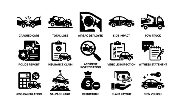 Car accident icons: crashed cars, airbag, insurance, tow truck, investigation symbols