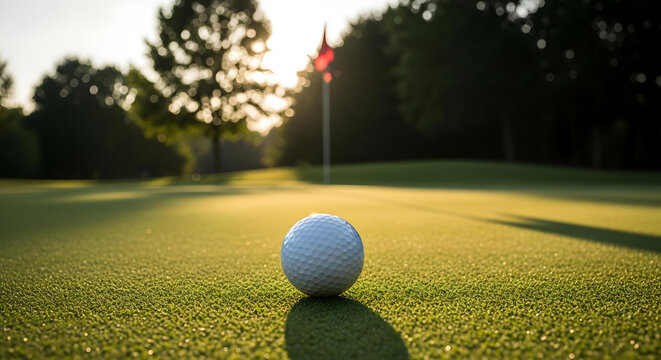 Golf ball on green grass near flag on sunny morning, close up shot
