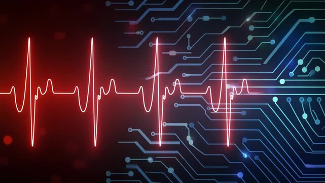 Red Glowing ECG Heartbeat Line Merging into Blue Digital Circuit Board