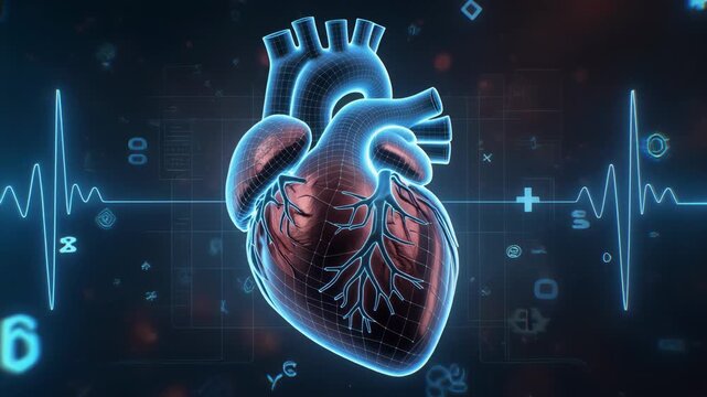 Futuristic 3D Beating Heart with Glowing Wireframe and Digital Data Overlay