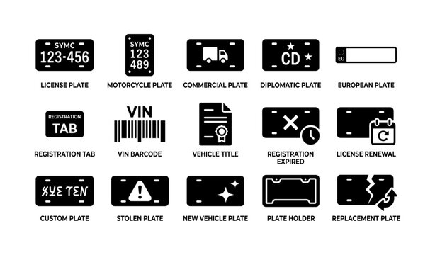License plate types and symbols: comprehensive icon set for registration and renewal