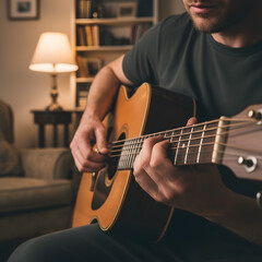 Obraz premium Man playing an acoustic guitar in a cozy living room