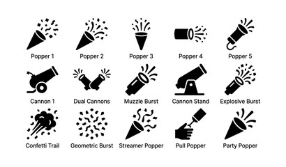 Fototapeta premium Set of celebration popper and cannon icons illustrating various festive designs