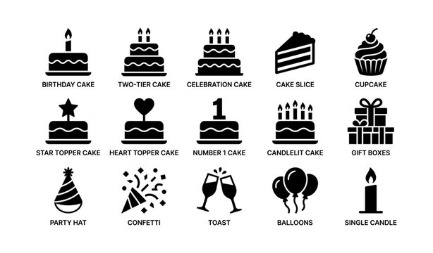 Birthday cake icons collection with celebratory symbols and party elements