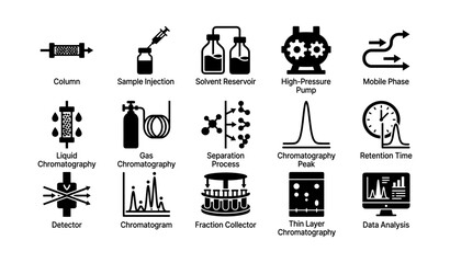 Chromatography instruments and processes icons for laboratory analysis
