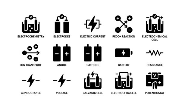Electrochemistry icons: electrodes, electric current, redox reaction, cells