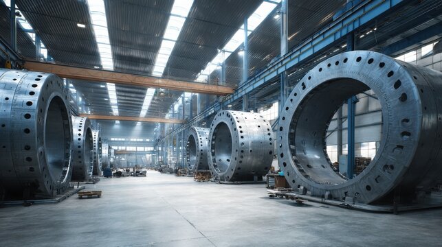 Factory floor assembling water treatment plant components on blurred background