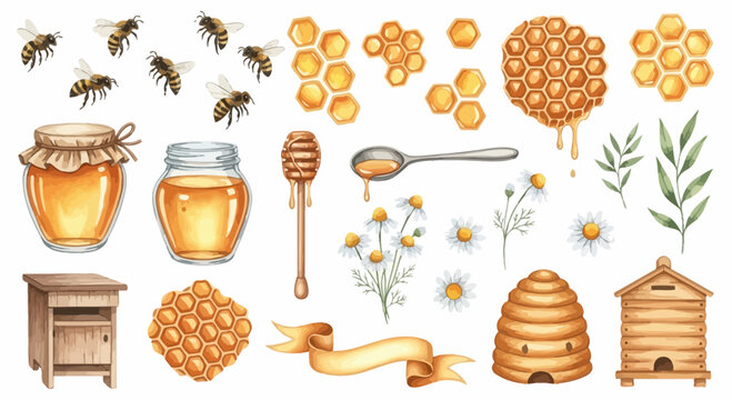 Watercolor illustration of bees honey jars honeycombs and floral elements