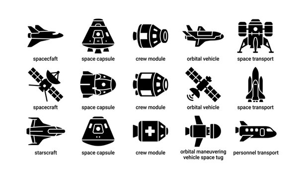 Set of various spacecraft and space transport icons
