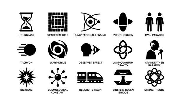 Science concepts icons: spacetime, gravitational lensing, quantum, paradoxes