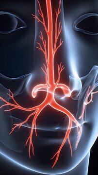 Detailed CGI Animation Shows Kiesselbachs Plexus Location And Vascular Network Within Nasal Cavity With Blue Outline Human Face Background And Red Highlighted Arteries