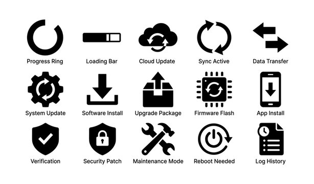 Tech icons: progress, loading, cloud, sync, update, security, maintenance
