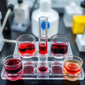 A coagulation test setup showing blood samples in wells with varying clotting stages, scientific lab equipment,