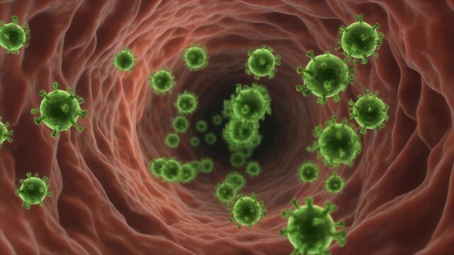 Animation of Green Virus Particles Flowing Inside Red Blood Vessel