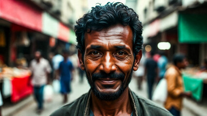 Obraz premium A man smiles warmly, showcasing a beard and weathered face in a bustling market street. He wears a gray jacket.