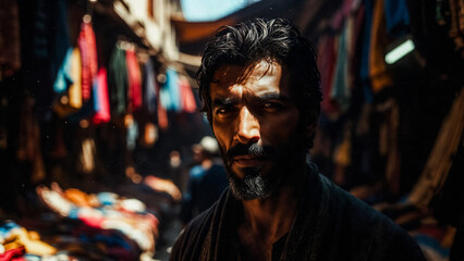 Obraz premium A man stares intensely into the camera amidst a vibrant Moroccan market. He wears dark clothing and a beard, conveying a serious expression.
