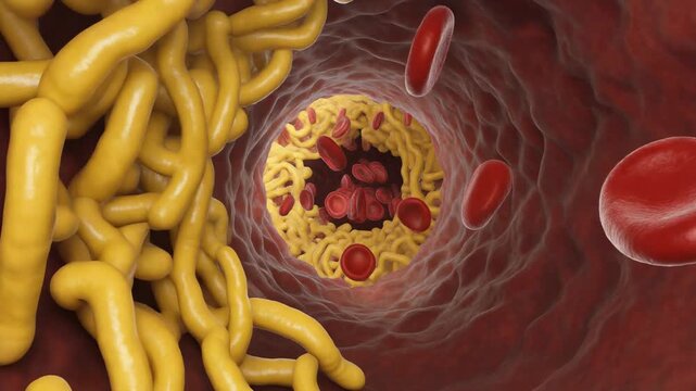 Medical Animation of Cholesterol Plaque Accumulation inside Artery with Flowing Blood Cells