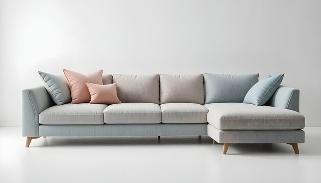 Modern L-shape sofa elegant fabric texture, soft pastel colors, white background