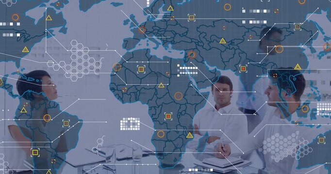 Lead gesturing, starting map overlay over team with hex clusters and warnings guiding business plan
