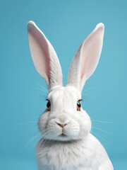 Obraz premium White rabbit ear on pastel blue background. Easter day. 3d rendering, camera zoomed in on the rabbit ear