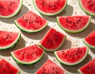 Watermelon slices, pink flesh with black seeds, arranged on a speckled surface