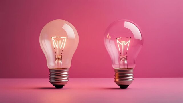 One of Two Light Bulbs Lighting Up on Pink Background for Breast Cancer Awareness
