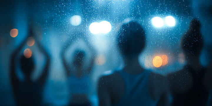 Blurred view of a yoga studio with people meditating or doing gentle poses on a wooden floor. Ideal for wellness.