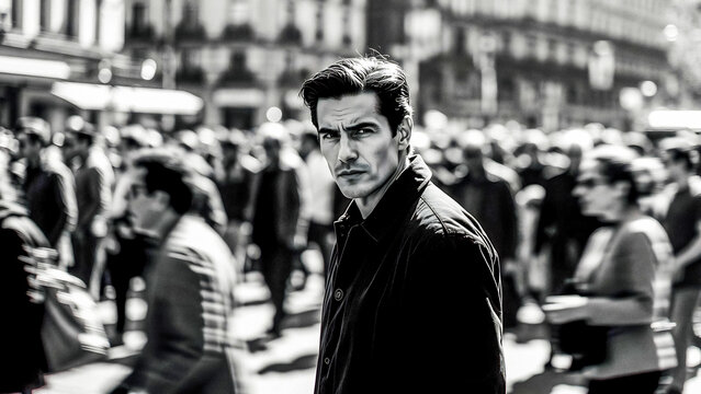 A man stares intently across a bustling Parisian street. He wears a dark coat, conveying a sense of mystery.