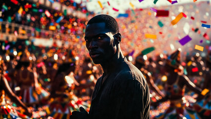 Obraz premium A man stares intently amidst a vibrant, confetti-filled crowd. He appears focused, bathed in warm light.