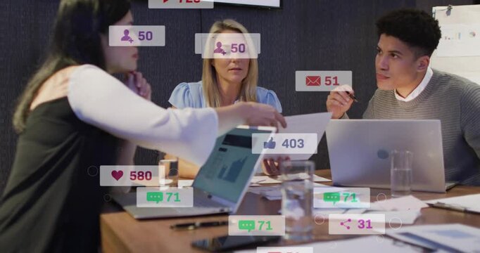 Left woman handing chart team checking screens while floating alerts obscuring for marketing recap