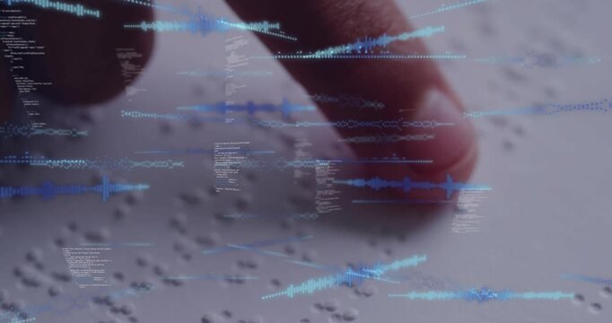 Index finger touching paper, tracing Braille while blue waves rising, converting dots into sound