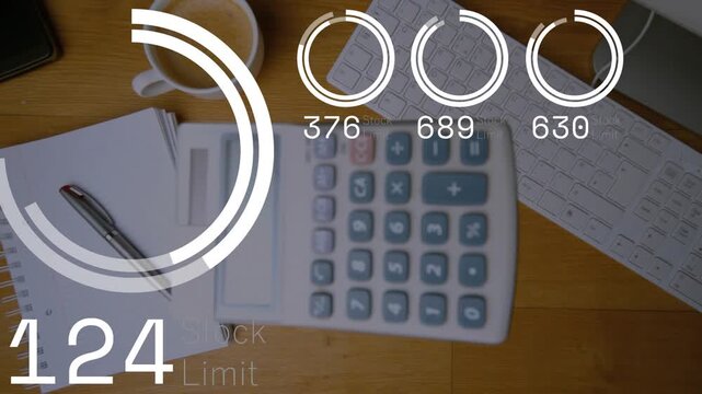 After nudge white calculator sliding and rotating as camera pulling back, HUD counters showing data