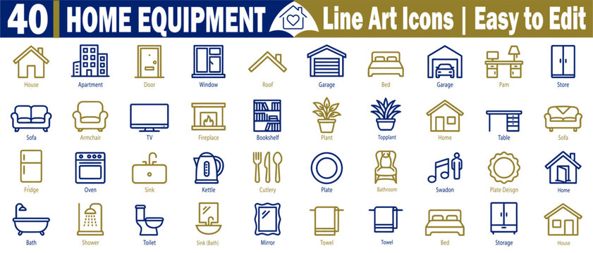 Home equipment line art icons. Collection with house structures, furniture, kitchenware, bathroom plumbing, and laundry appliances for interior designers vector illustration.
