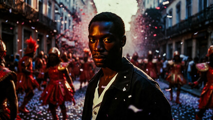 Obraz premium A man stands amidst a vibrant carnival street parade, confetti swirling. He gazes intently, a serious expression on his face.
