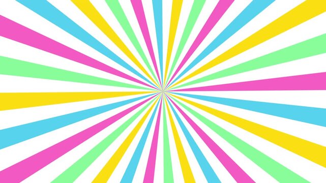 Bright candy pop sunburst burst with soft pastel rays. Seamless looping abstract background ideal for cheerful and lively video content.