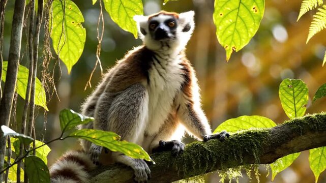 A captivating wild primate sits calmly on a moss-covered tree branch amidst a lush, verdant tropical forest. Sunlight filters beautifully through the vibrant green leaves, highlighting the animal's di