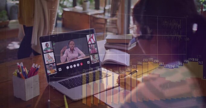 Child writing at table as teacher speaking via laptop sparking charts wave overlays aiding learning