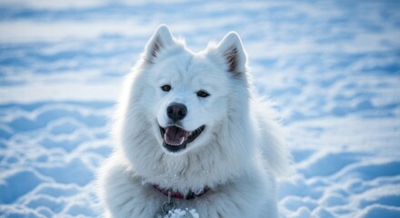 Fototapeta premium Fluffy white dog smiles broadly in snowy environment