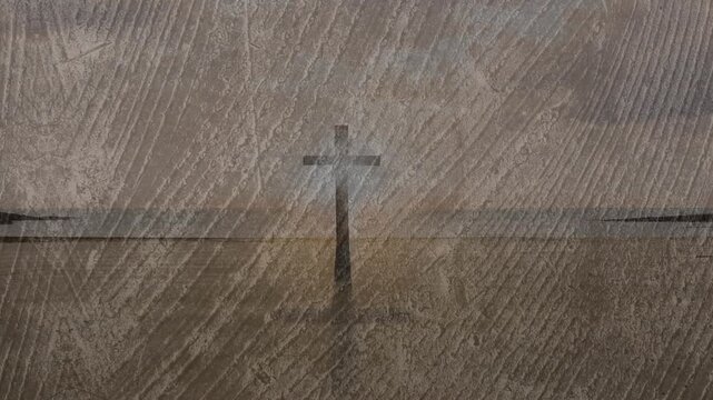 Dark cross silhouette pulsing after flash, shadow growing, grain shifting to show lighting shift