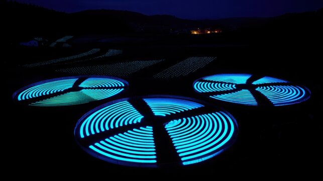 Circular field patches glowing in intricate blue patterns at night, a luminous outdoor art installation.