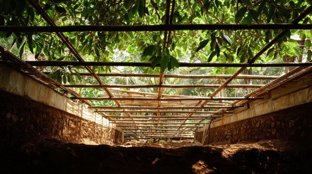 Bamboo scaffold structure under leafy canopy, revealing a rising construction project in a natural setting