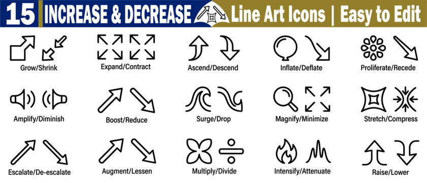 Increase and decrease line art icons, featuring grow/shrink, expand/contract, ascend/descend, inflate/deflate, proliferate/recede, and more vector illustration.