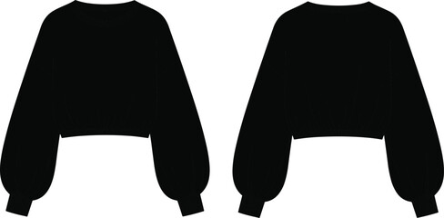Black cropped sweatshirt mockup vector illustration front and back view of long sleeve crewneck fleece short shirt apparel template with copy space for design. © Mukta