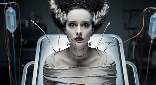 Frankenstein's bride in a hospital bed with electrodes and IV drips