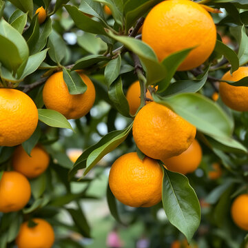Fresh oranges growing on orange tree