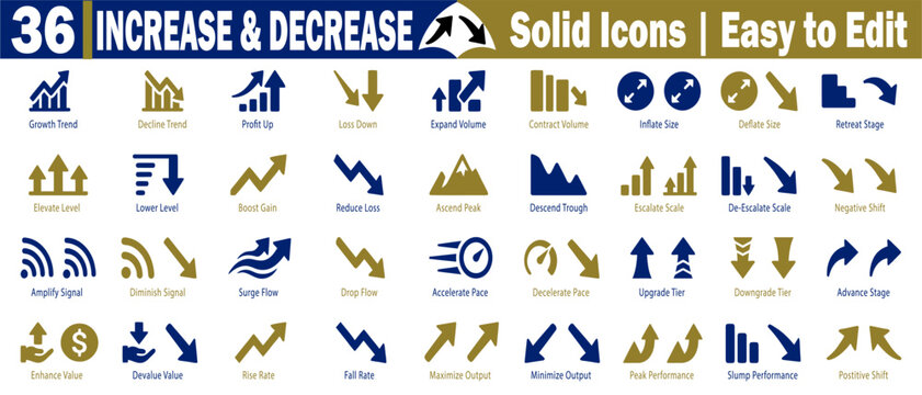 Solid icons representing increase and decrease for business finance growth trends and data analysis with clear labels and simple shapes vector illustration.