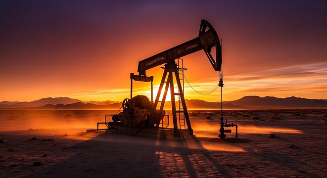 Oil Pump in Desert Landscape at Dramatic Sunset with Vibrant Colors