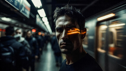 Fototapeta premium A man stares intensely, illuminated by train lights, amidst a bustling subway crowd. He appears focused and slightly wary.