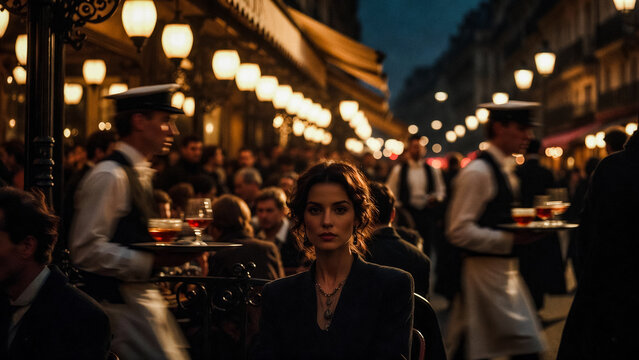 A woman sits at a Parisian cafe, surrounded by waiters and patrons. String lights illuminate the bustling street scene.